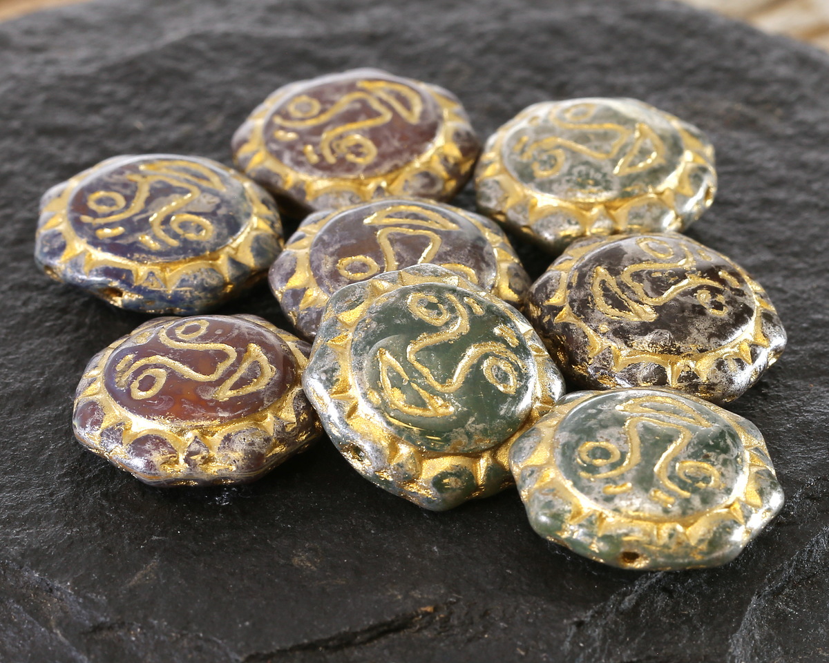 Czech Glass Harvest Opals Picasso Mix w/ Gold Sun Face 18mm