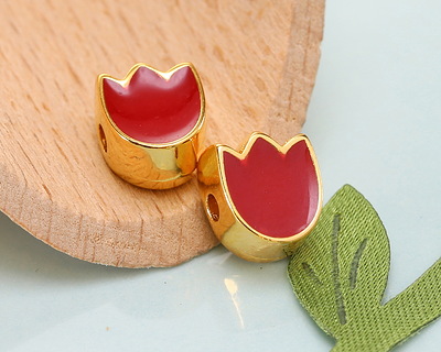 24K Gold (plated) Red Enamel Tulip Bead 7.5x9mm
