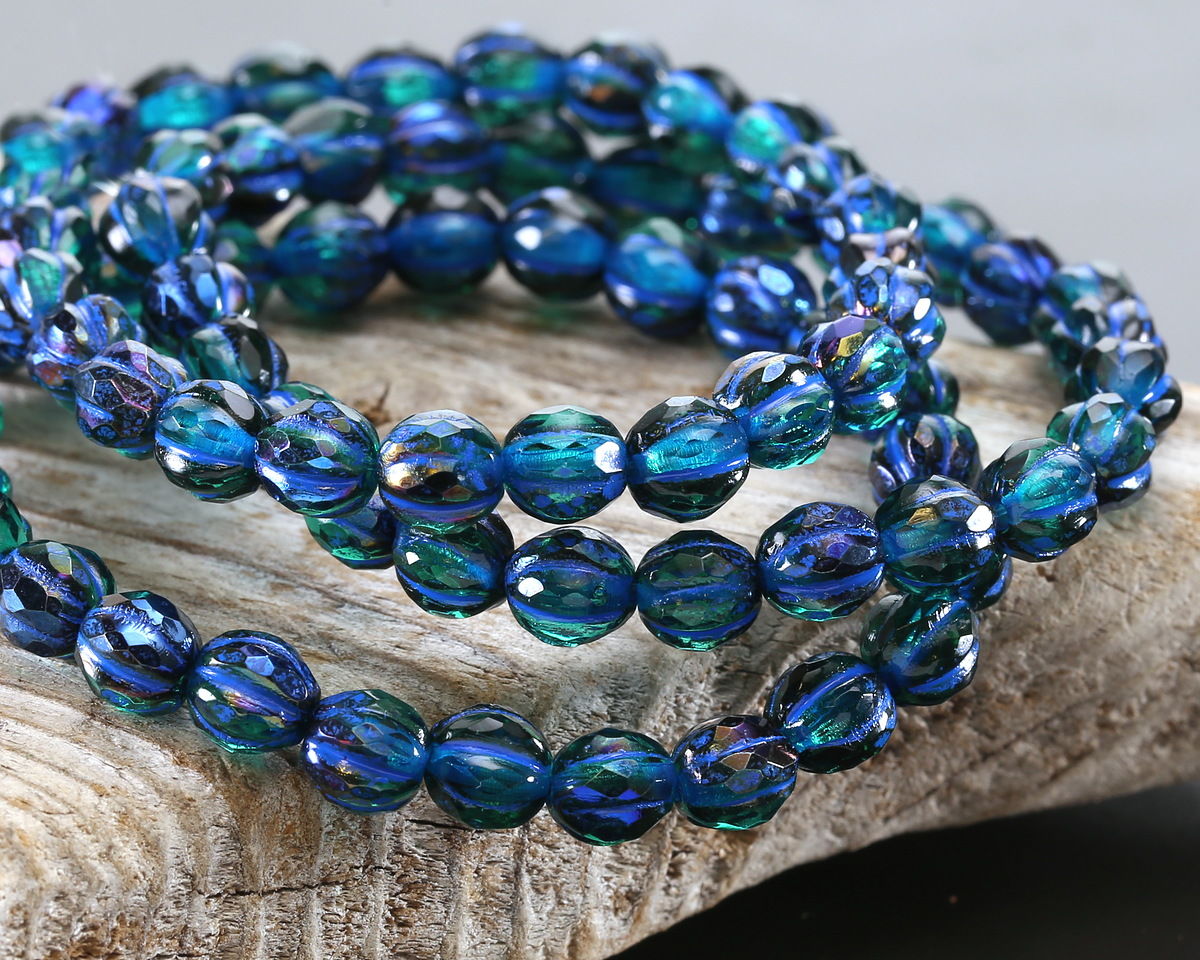 Czech Glass Emerald w/ Iris Luster & Blue Wash Faceted Melon Round 6mm