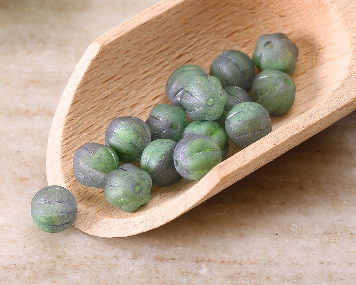 Czech Glass Matte Smoky Crystal & Sage Melon Round 8mm