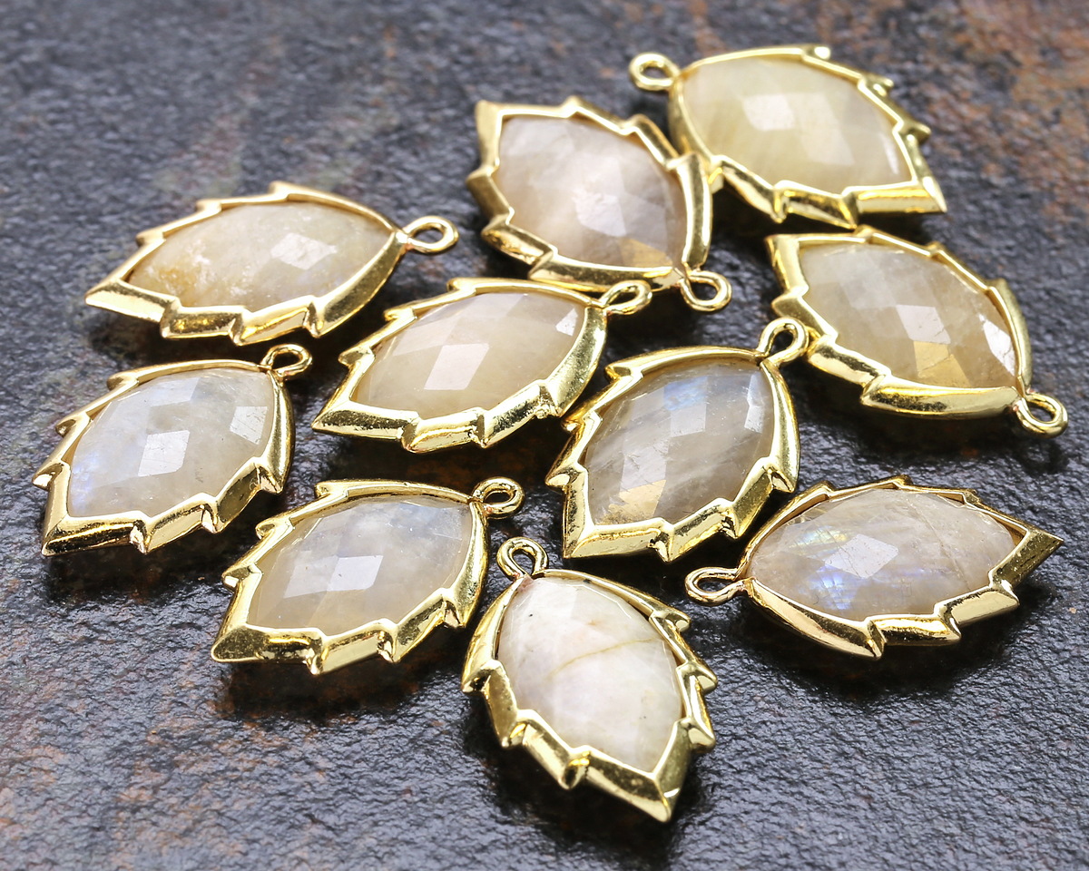 Blue Moonstone Faceted Puff Leaf Focal w/ Gold Finish 14x22mm