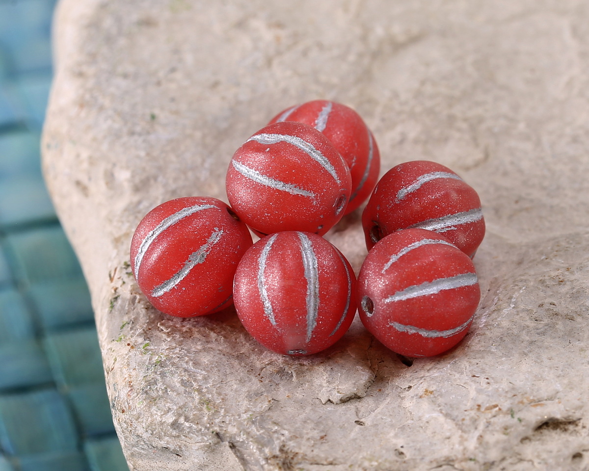 Czech Glass Matte Ruby w/ Silver Melon Round 8mm