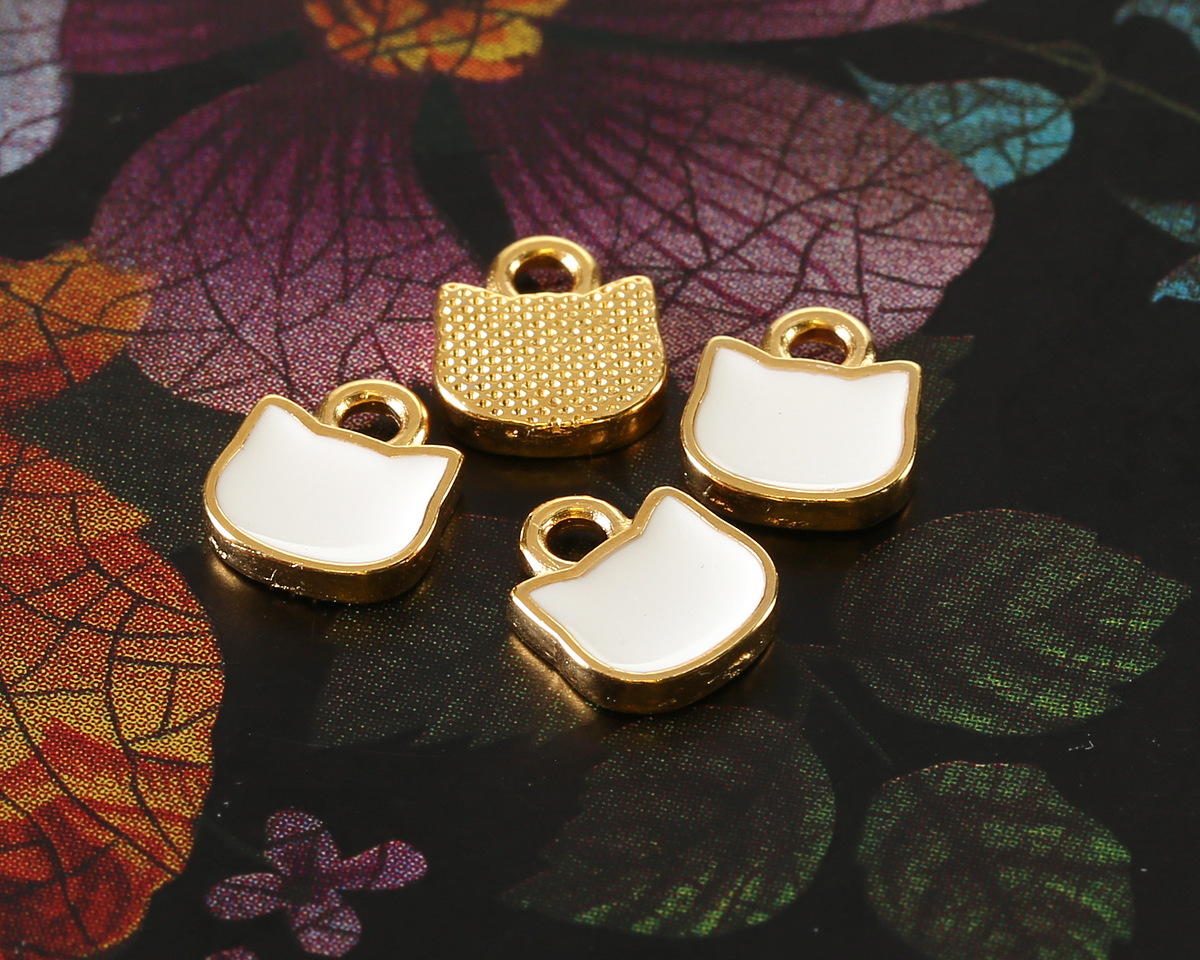 24K Gold (plated) White Enamel Cat Head Focal 8x9mm