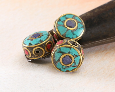 Nepalese Brass w/ Lapis, Turquoise & Coral Mosaic Eye Coin Bead 18x8mm
