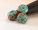 Nepalese Brass w/ Lapis, Turquoise & Coral Mosaic Eye Coin Bead 18x8mm