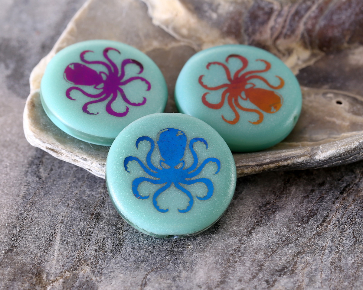 Czech Glass Laser Etched Octopus on Turquoise w/ Metallic Rainbow Coin 17mm