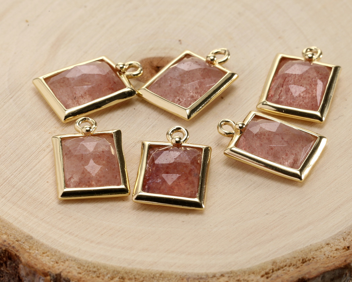 Strawberry Quartz w/ Gold Finish Faceted Rectangle Focal 10x15mm