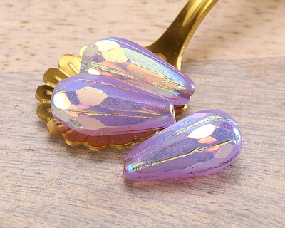 Czech Glass Lavender Opal AB w/ Gold Faceted Melon Teardrop 23x11mm