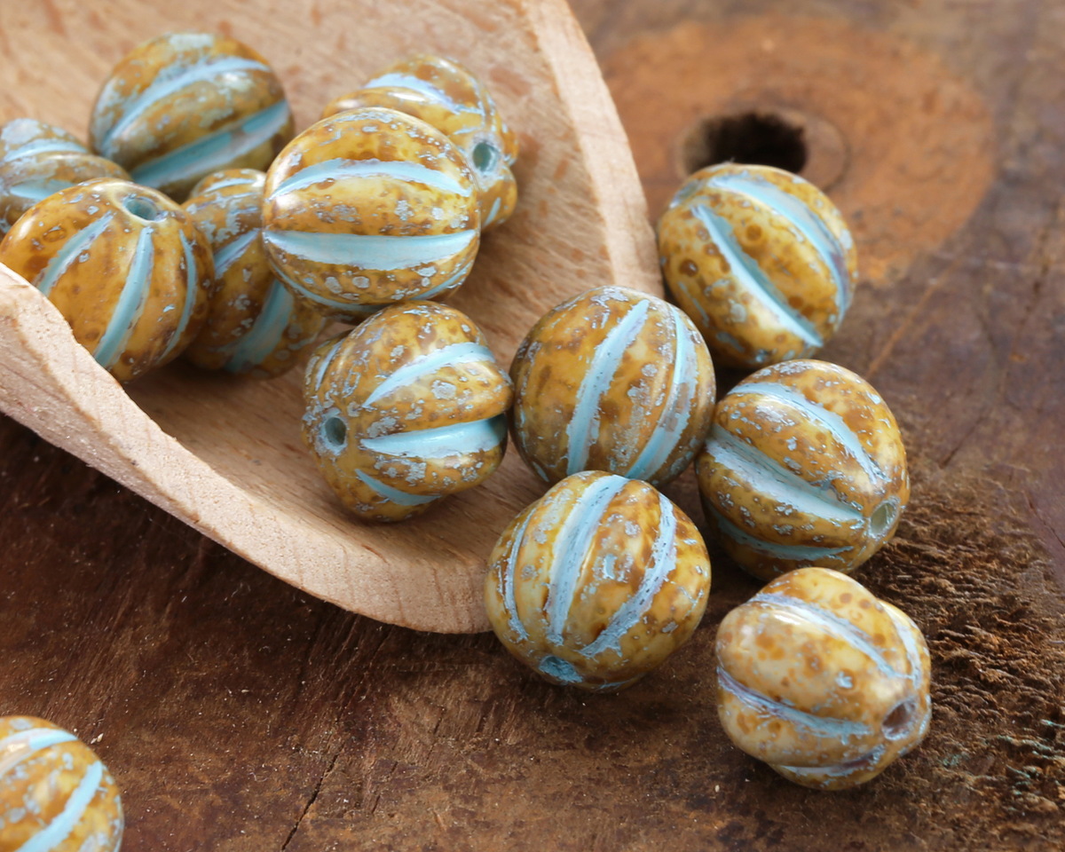 Czech Glass Bisque Picasso w/ Blue Melon Round 10mm