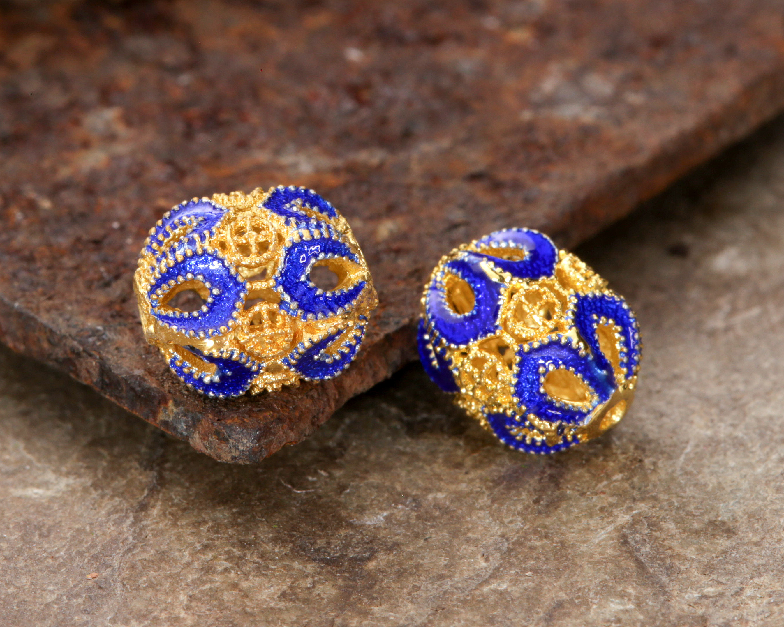 Cloisonné Blue w/ Gold Finish Filigree Open Petals Rice Bead 10x8.5mm