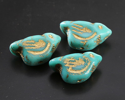 Czech Glass Turquoise w/ Gold Bird 11x22mm