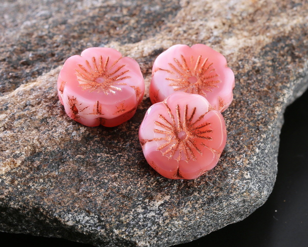 Czech Glass Raspberry Swirl w/ Copper Finish Hibiscus Coin 14mm