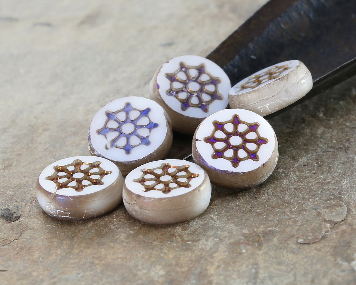 Czech Glass White w/ Iris Blue Ship's Wheel Coin 12mm