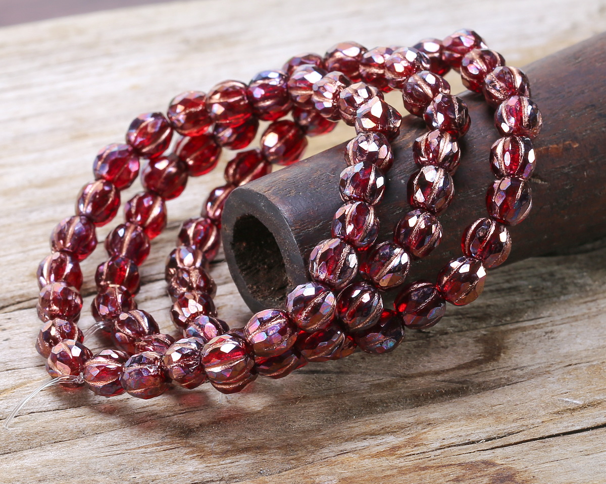 Czech Glass Ruby Red w/ Iris Luster & Copper Wash Faceted Melon 6mm