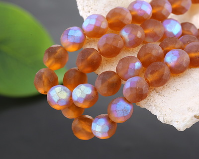 Czech Glass Matte Pumpkin AB Fire Polished Round 8mm