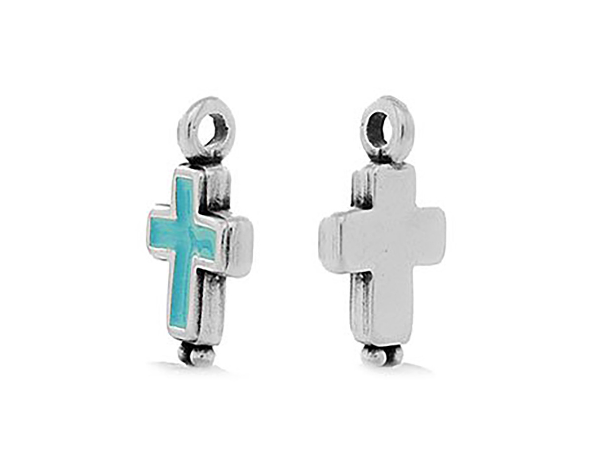 Antique Silver (plated) Turquoise Enamel Cross Focal 9x17mm
