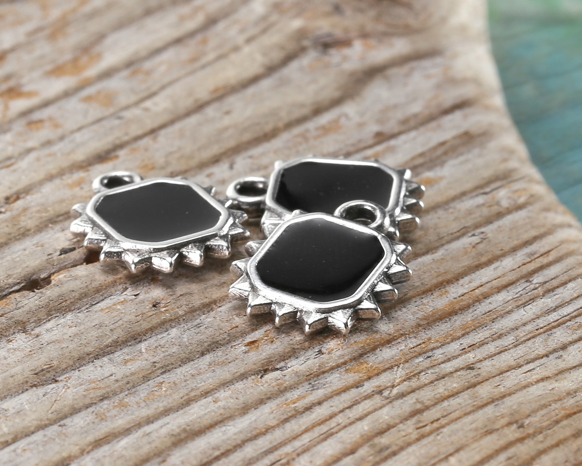 Antique Silver (plated) Jet Enamel Square Sun Focal 10.5x12.5mm