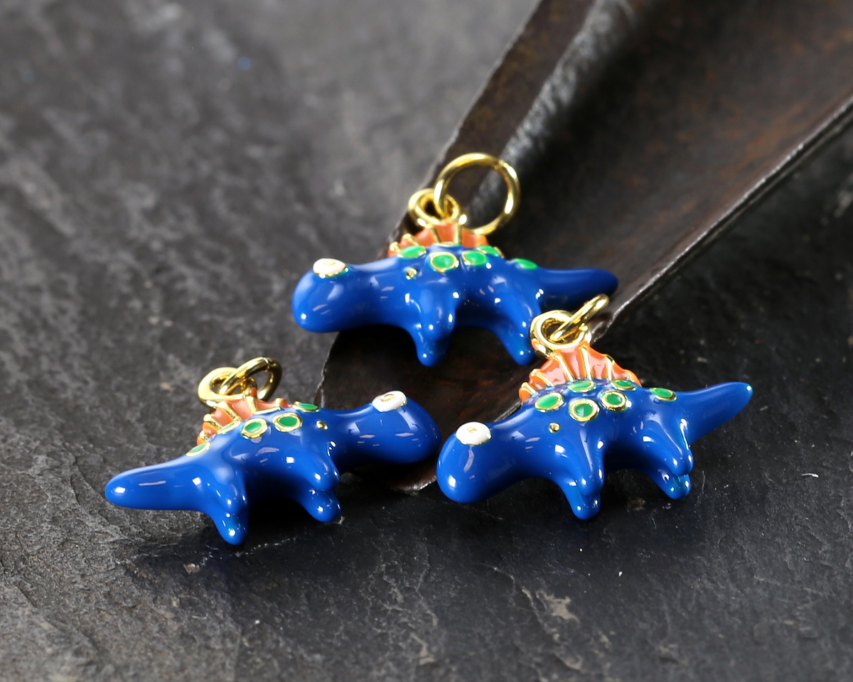 18k Gold (plated) Blue Enamel Cute Spinosaurus Dinosaur Focal 18.8x13mm