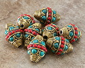 Nepalese Brass Rings & Arches w/ Coral Band & Turquoise Dots Rice Bead 23-25x16mm