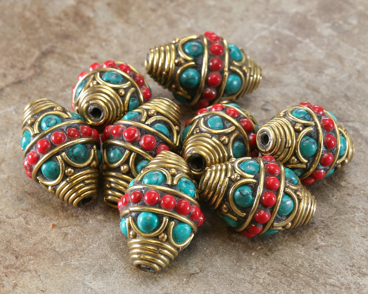 Nepalese Brass Rings & Arches w/ Coral Band & Turquoise Dots Rice Bead 23-25x16mm