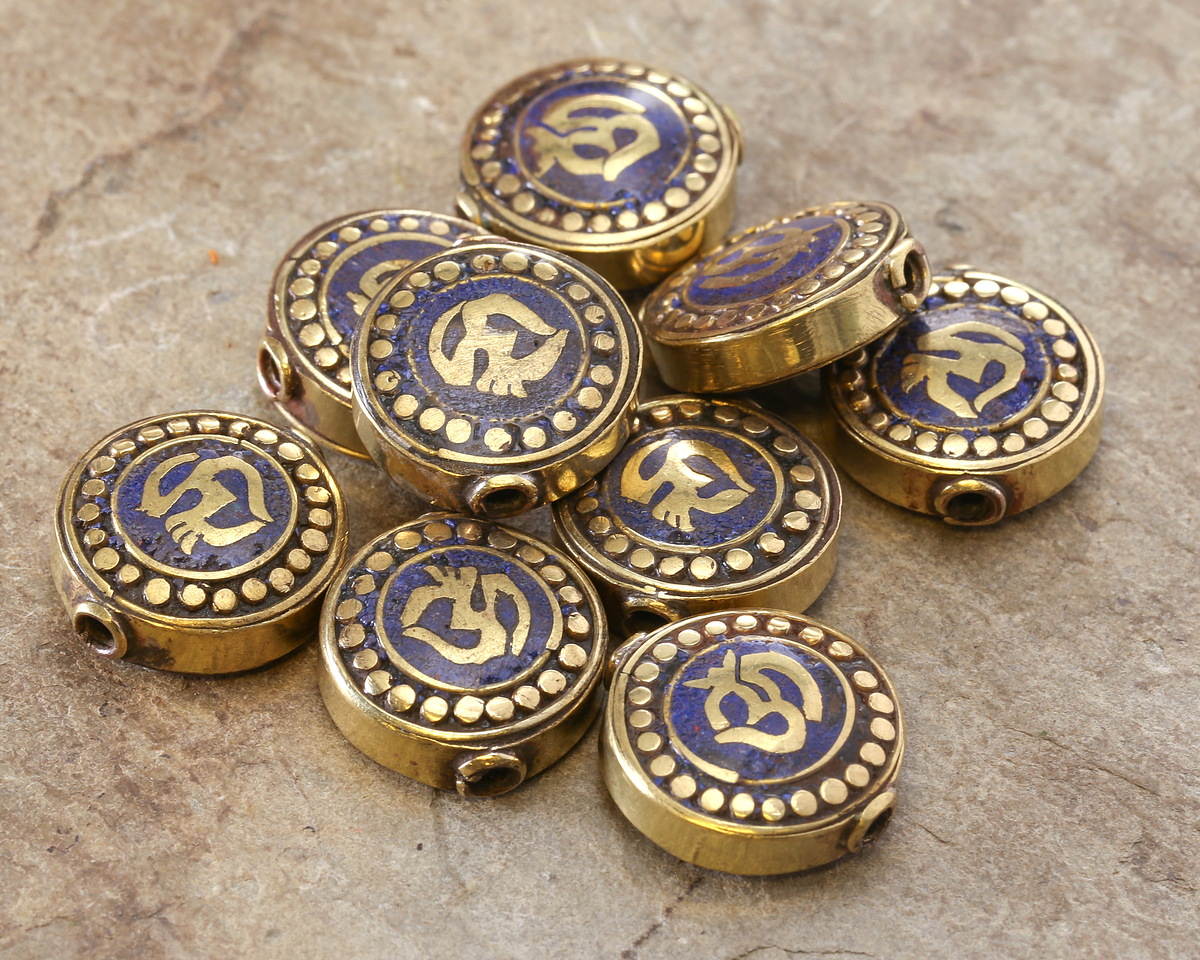 Nepalese Brass Om w/ Inlaid Lapis Coin Bead 20mm