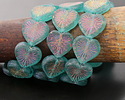 Czech Glass Matte Island Blue w/ Volcano Wash Starburst Heart 13x14mm