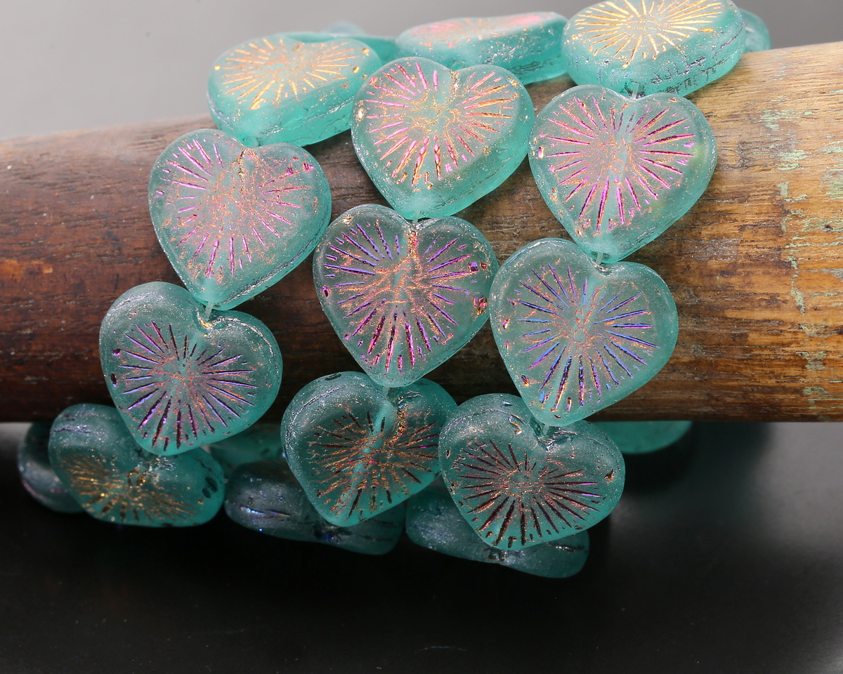 Czech Glass Matte Island Blue w/ Volcano Wash Starburst Heart 13x14mm