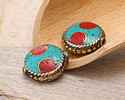 Nepalese Brass w/ Two Semi Circles in Turquoise & Coral Coin 18x16mm
