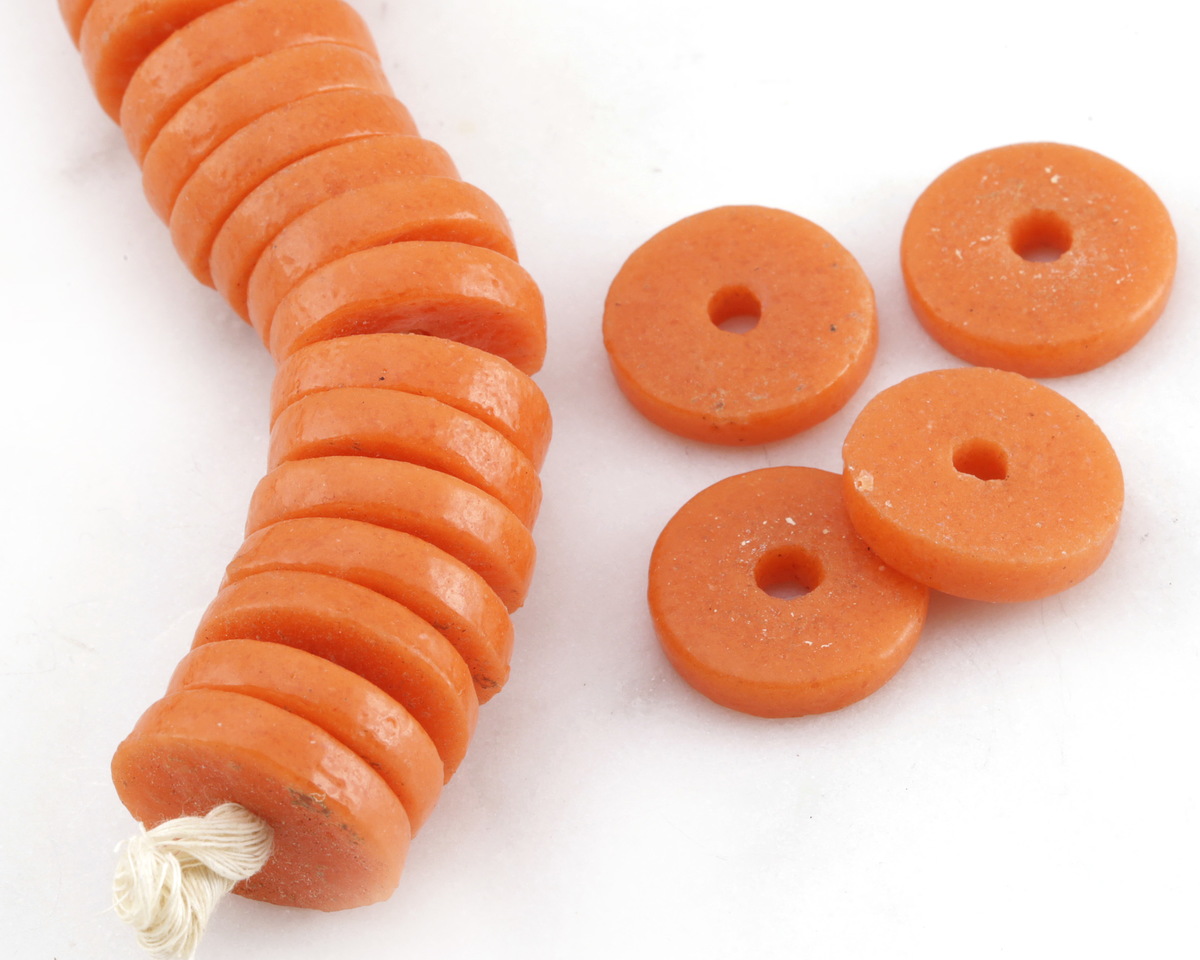 African Sand Cast Powder Glass (Krobo) Tangerine Disc Bead 18-19x4mm
