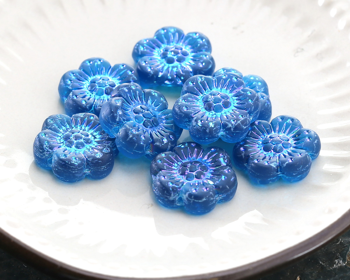 Czech Glass Matte Capri Blue AB Wild Rose Coin 14mm