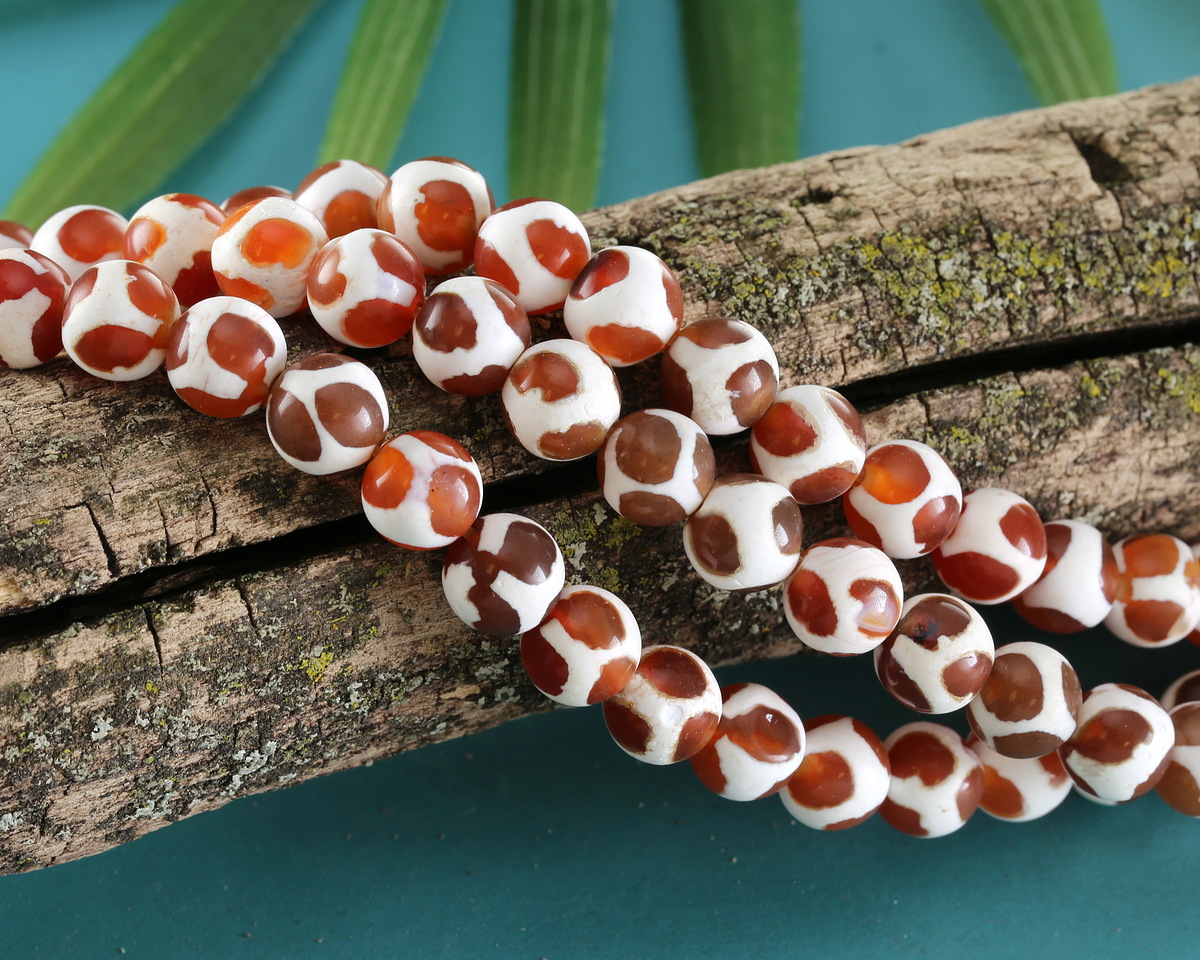Tibetan (Dzi) Agate Orange White Patterned Round 8mm