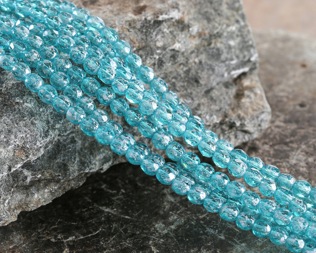 Czech Glass Aquamarine w/ Silver Flecks Fire Polished Round 4mm
