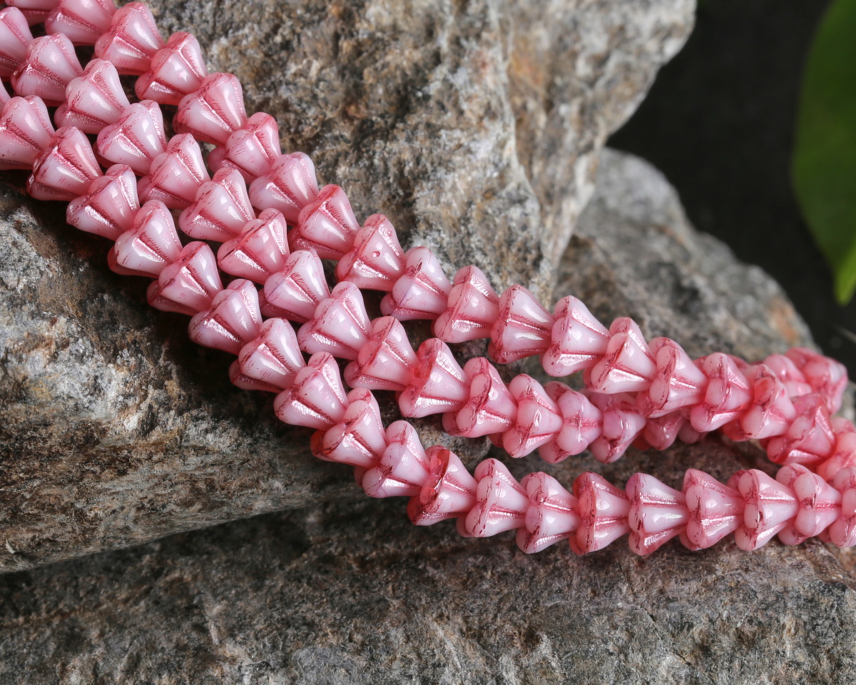 Czech Glass Strawberries & Cream w/ Metallic Pink Bellflower 5x6mm
