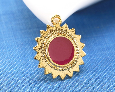 24K Gold (plated) Cranberry Enamel Sun Focal 18x21mm