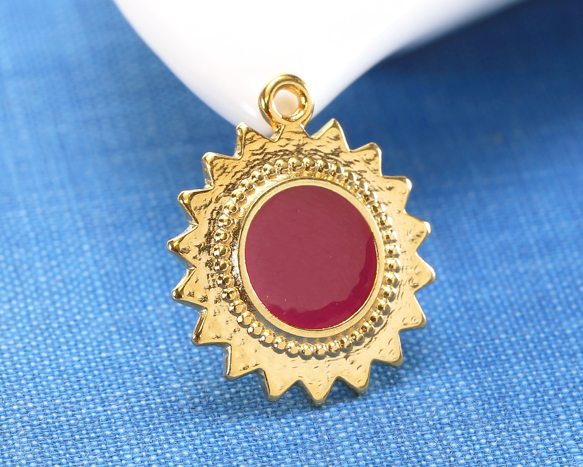 24K Gold (plated) Cranberry Enamel Sun Focal 18x21mm