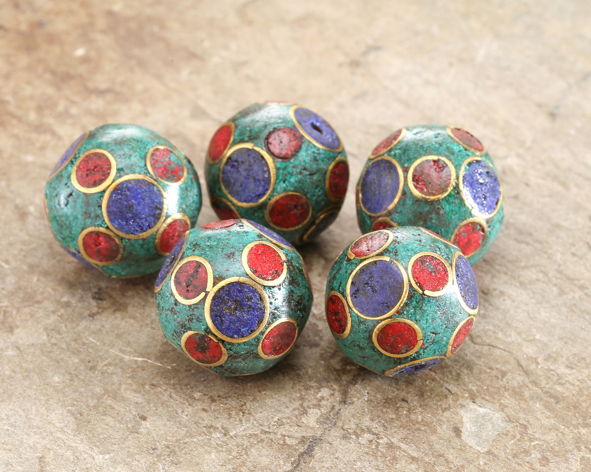 Nepalese Turquoise, Lapis & Coral Dots Round Bead 21-22mm