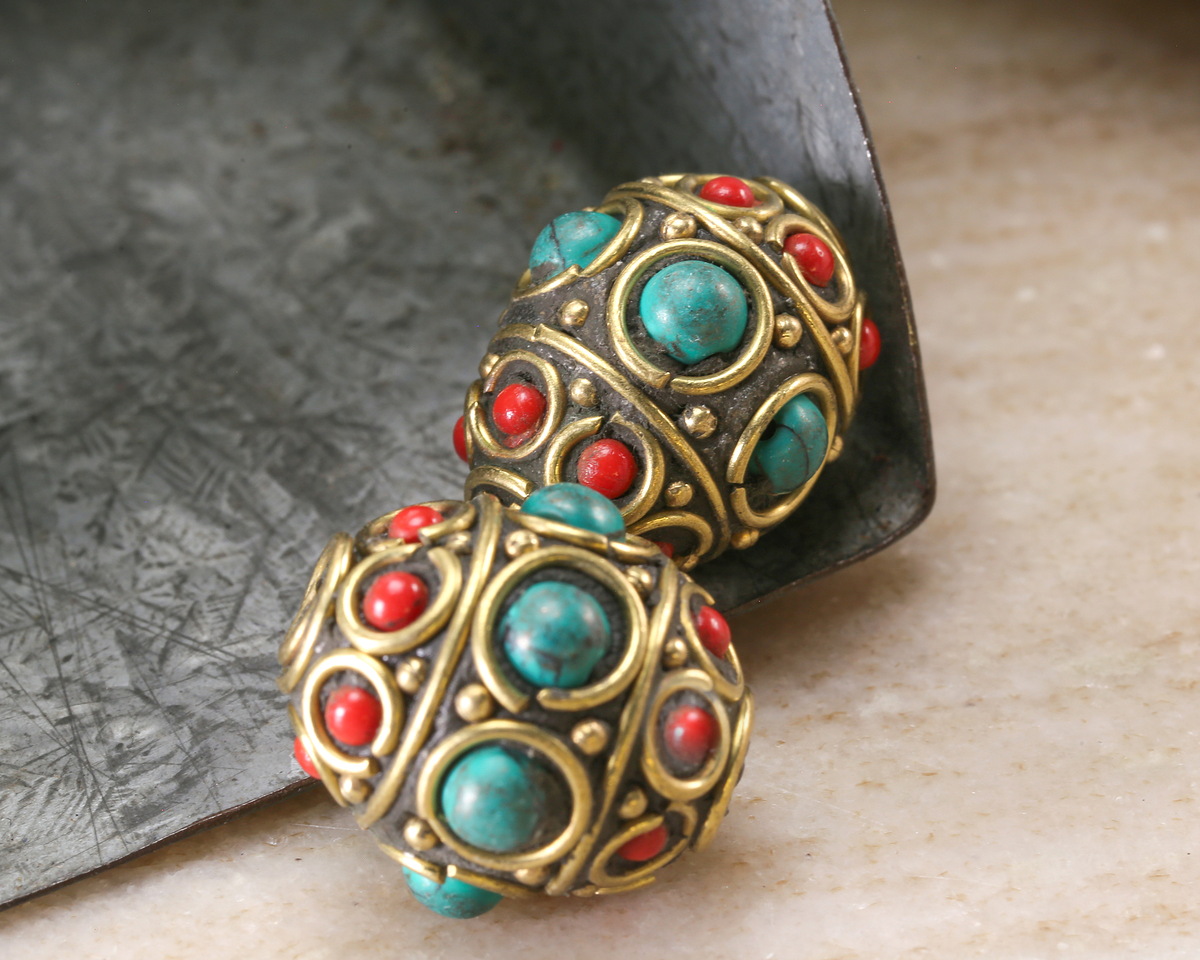 Nepalese Brass Circles w/ Turquoise & Coral Dots Rice Bead 19-22x18-22mm