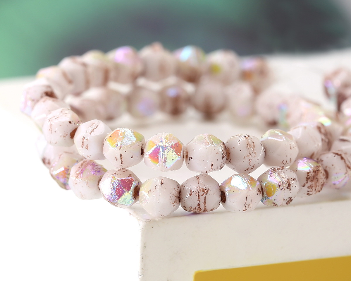 Czech Glass White AB w/ Brown Wash English Cut Bead 4mm