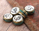Nepalese Brass w/ Turquoise & Coral Mosaic Om in White Shell w/ Turquoise Band Coin Bead 19-21mm