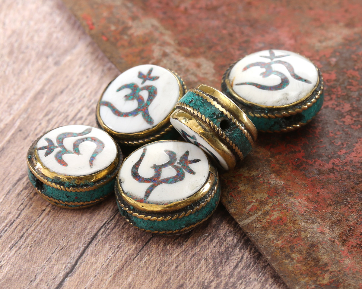 Nepalese Brass w/ Turquoise & Coral Mosaic Om in White Shell w/ Turquoise Band Coin Bead 19-21mm
