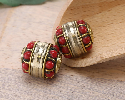 Nepalese Brass Bands w/ Coral Dots Large Barrel Bead 17-18x16mm