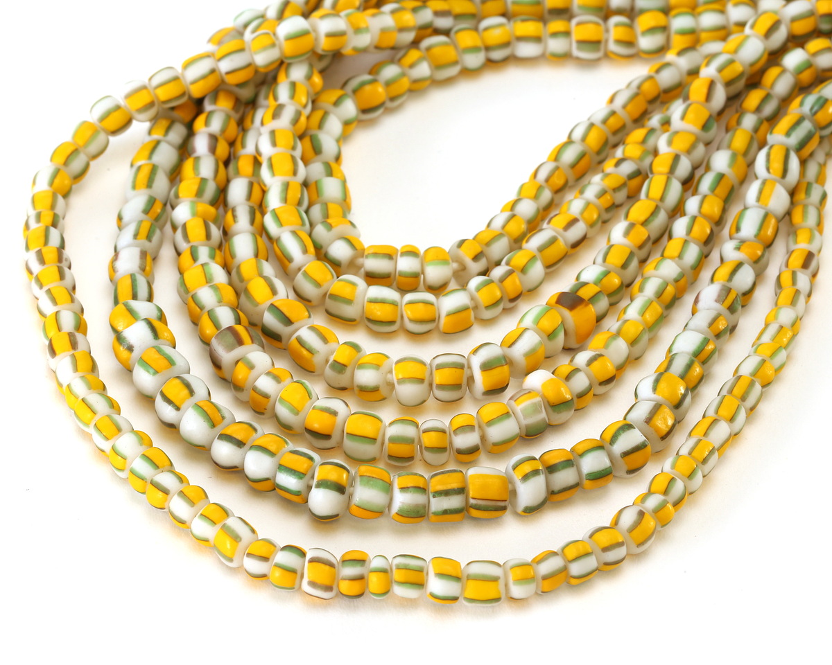 Java Glass Yellow & White w/ Stripes Graduated Gooseberry Beads 3-6x4-6mm