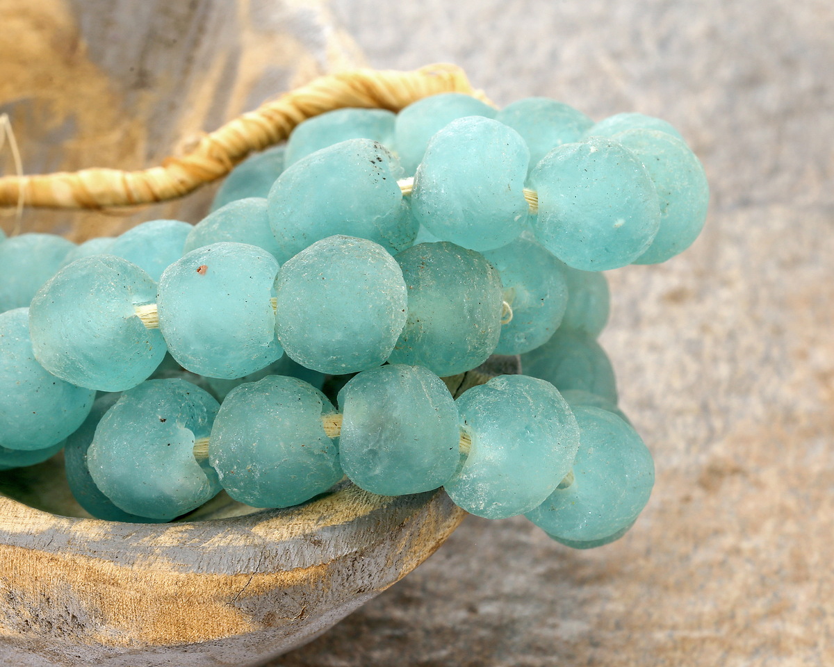 African Recycled Glass Island Blue Tumbled Round 15-18mm