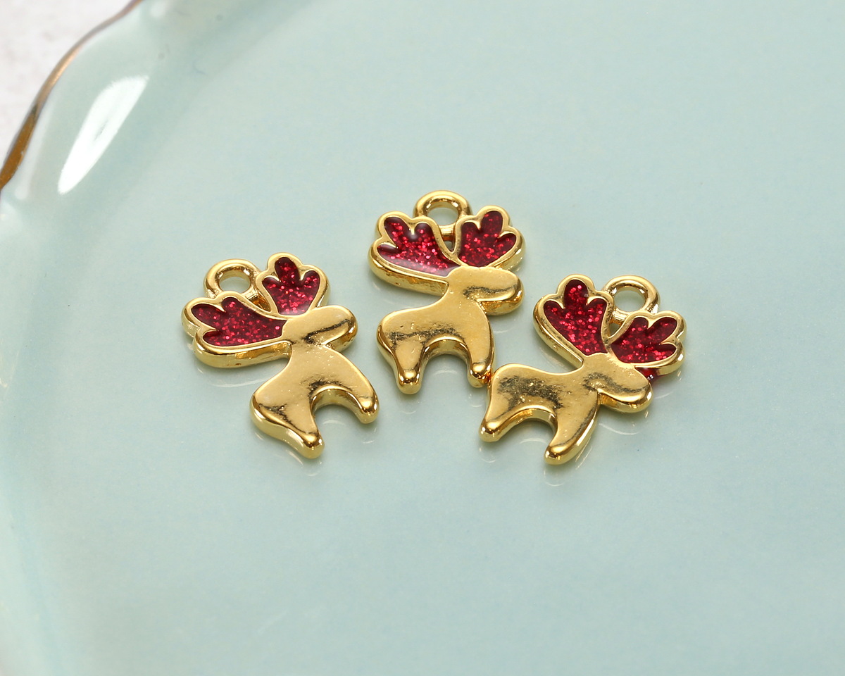 24K Gold (plated) Cherry Red Enamel w/ Glitter Reindeer Pendant 10x16mm