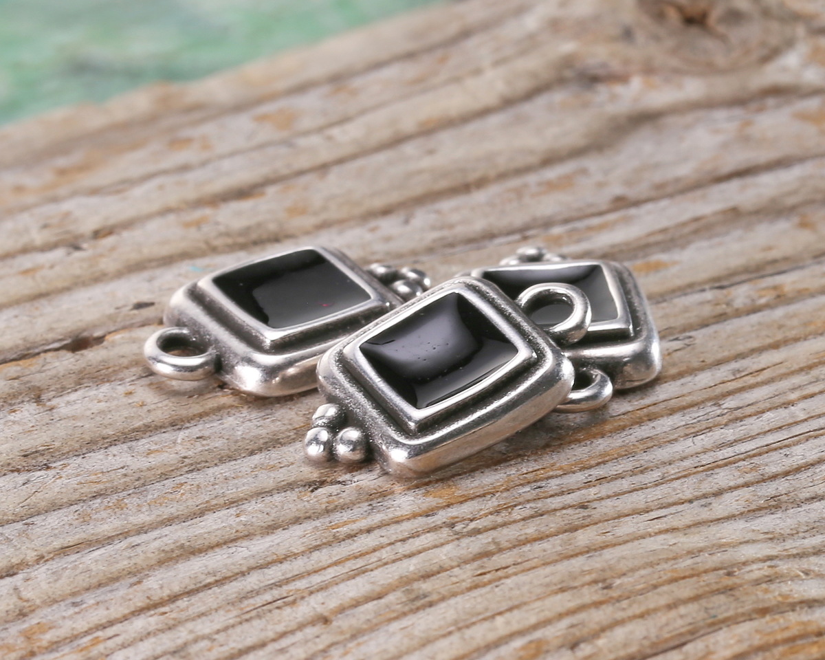 Antique Silver (plated) Jet Enamel Beaded Square Focal 10x16mm