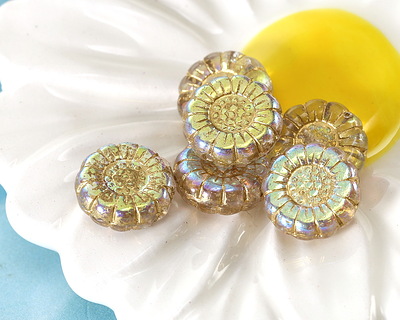 Czech Glass Crystal AB w/ Gold Sunflower 13mm