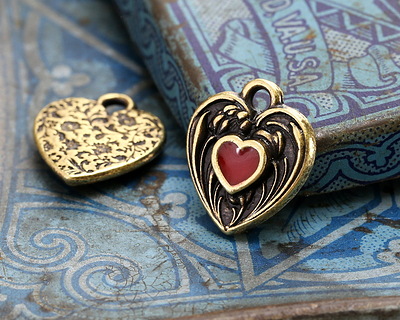 TierraCast Antique Brass (plated) Red Enamel Heart in Heart Shaped Focal 12.5x14mm