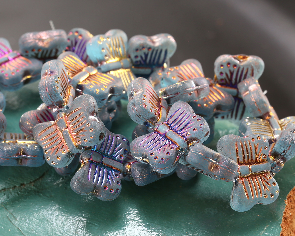 Czech Glass Matte Aquamarine w/ Rainbow Metallic Butterfly 16x11mm