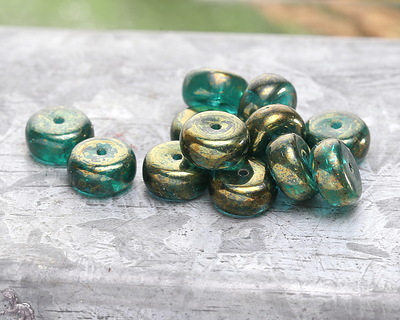 Czech Glass Emerald w/ Gold Luster Heishi 4x8mm