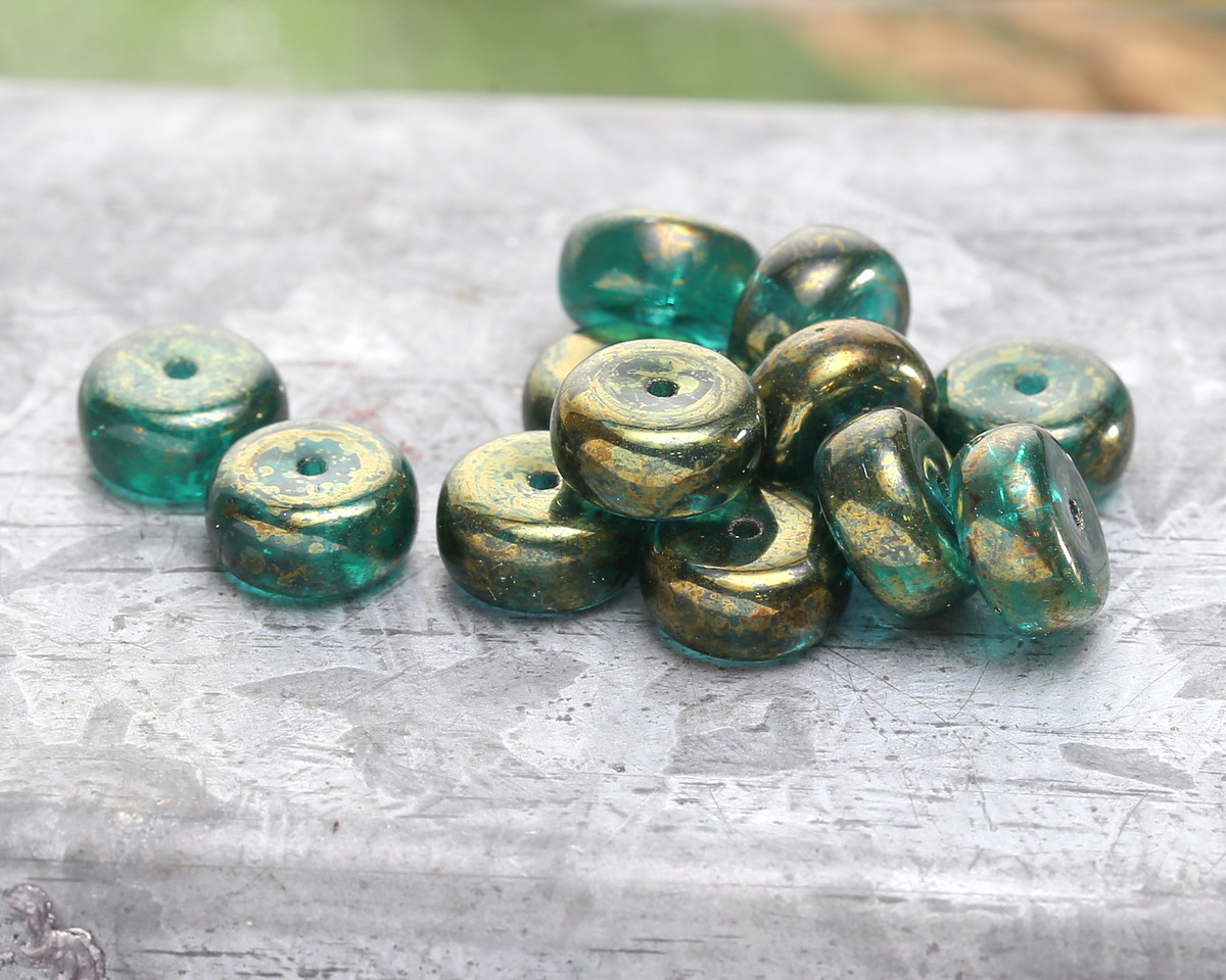 Czech Glass Emerald w/ Gold Luster Heishi 4x8mm